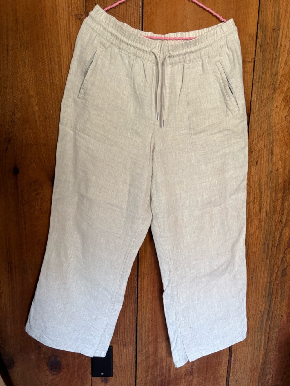 Athleta Cream Linen-Blend Elastic Waist Pants with Pink Trim
